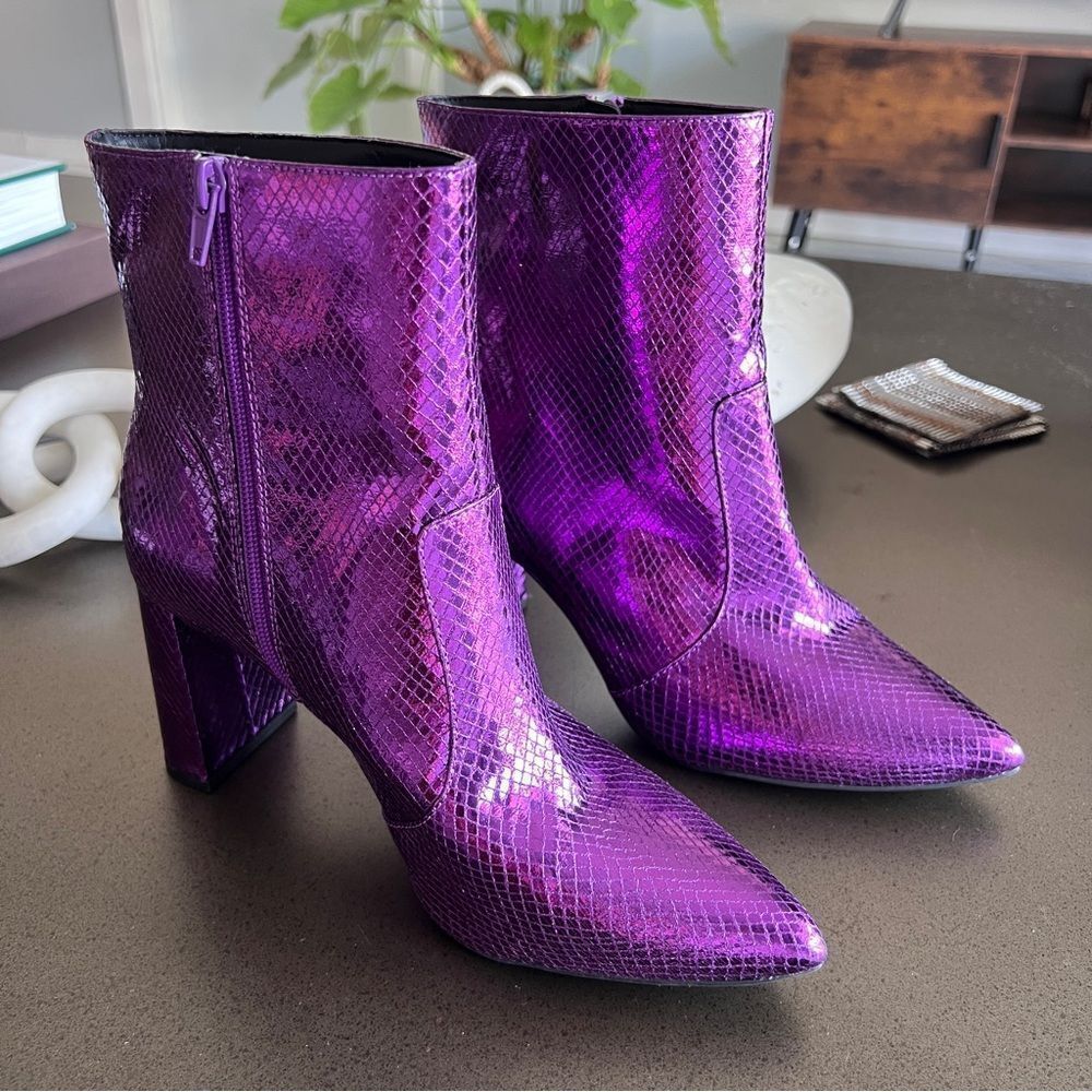 INC Metallic Purple Snakeskin Ankle Boots Size 10